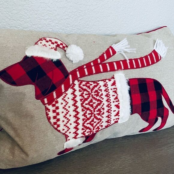 Christmas Dachshund Sweater Dog Holiday Throw Pillow - Picture 2 of 5